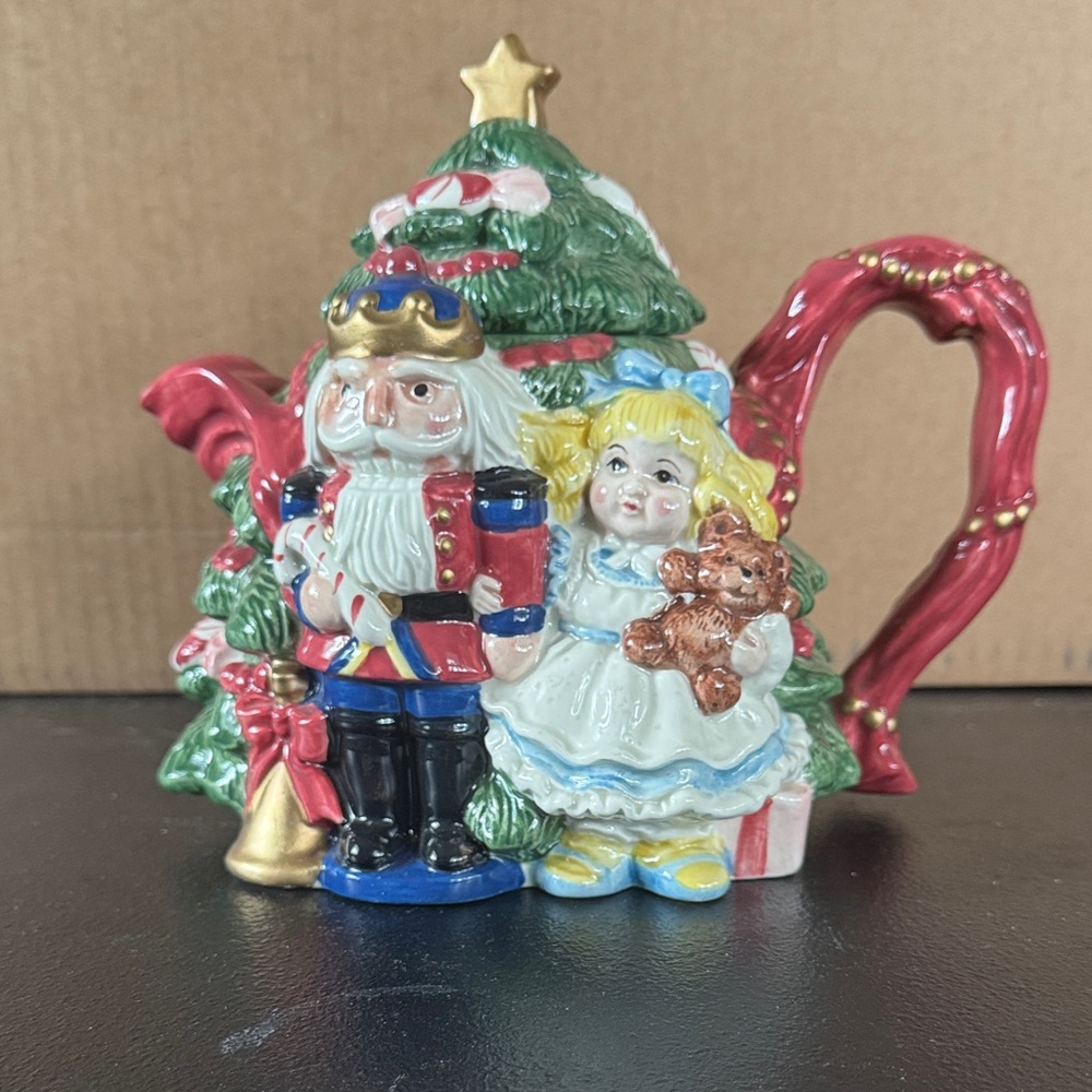 Fitz and Floyd Nutcracker and Tree Teapot with Red and Green Accents